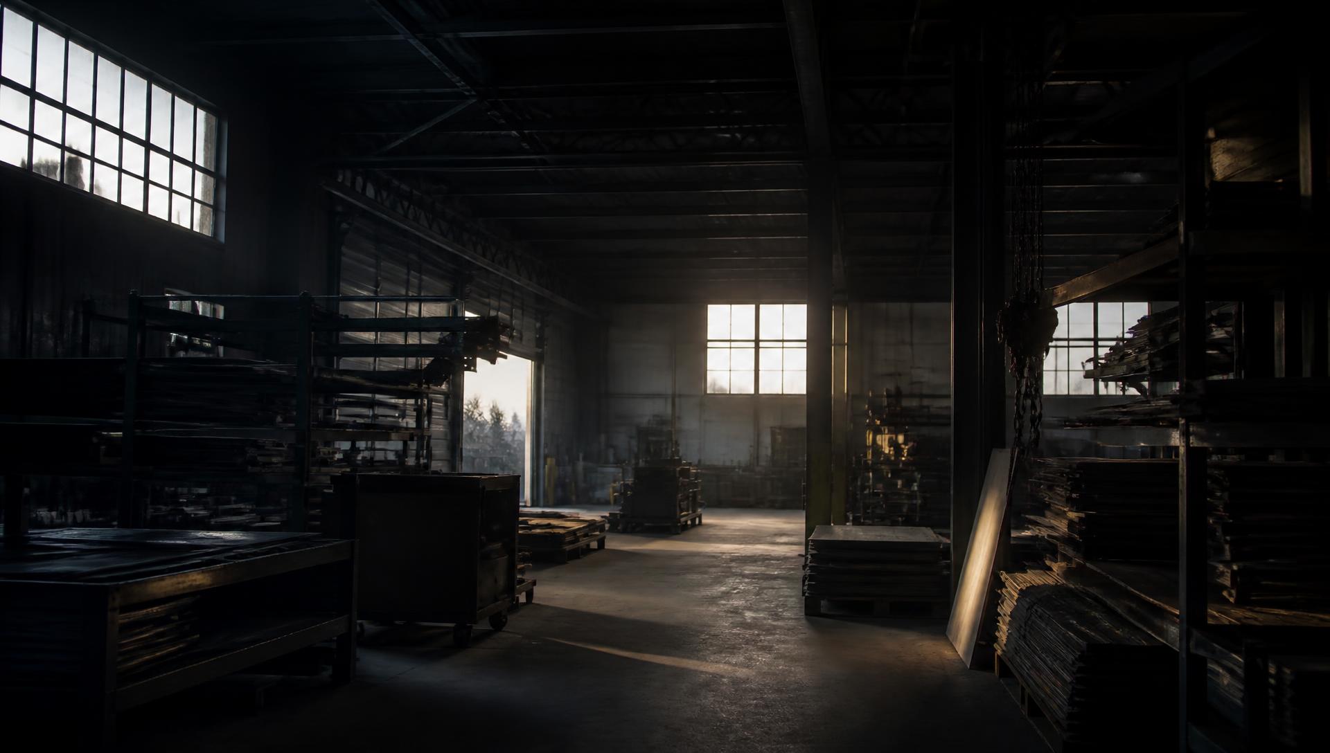 Interior of an established industrial facility at dusk